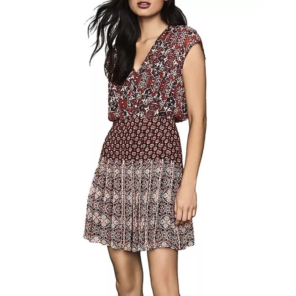 REISS Marcella Mixed-Print Pleated Mini Dress Patchwork size 10 Boho Lightweight